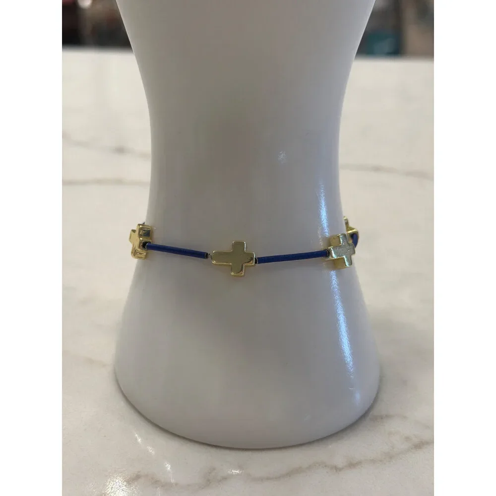 Gold Cross Charm Stretch Bracelet Blue Cord One Size